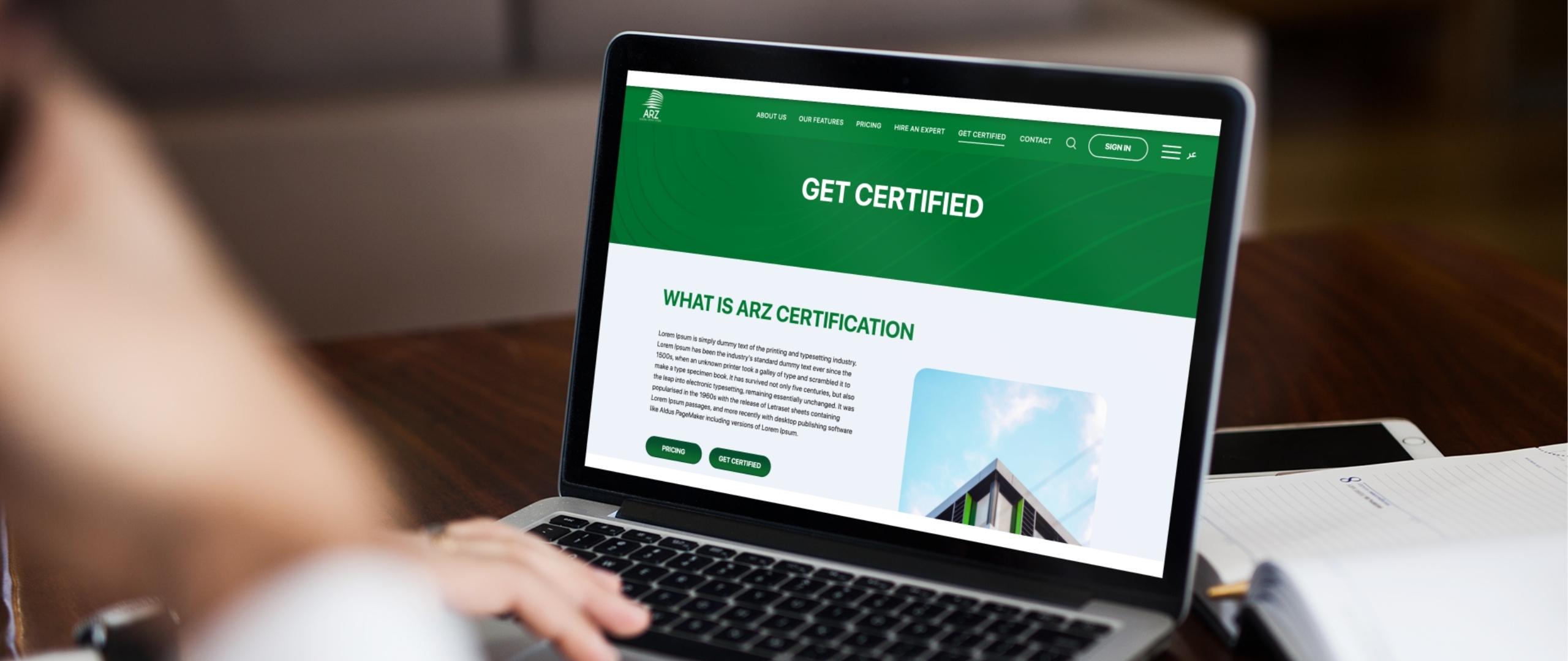 ARZ Building Rating Get Certified page with certification information and building illustration