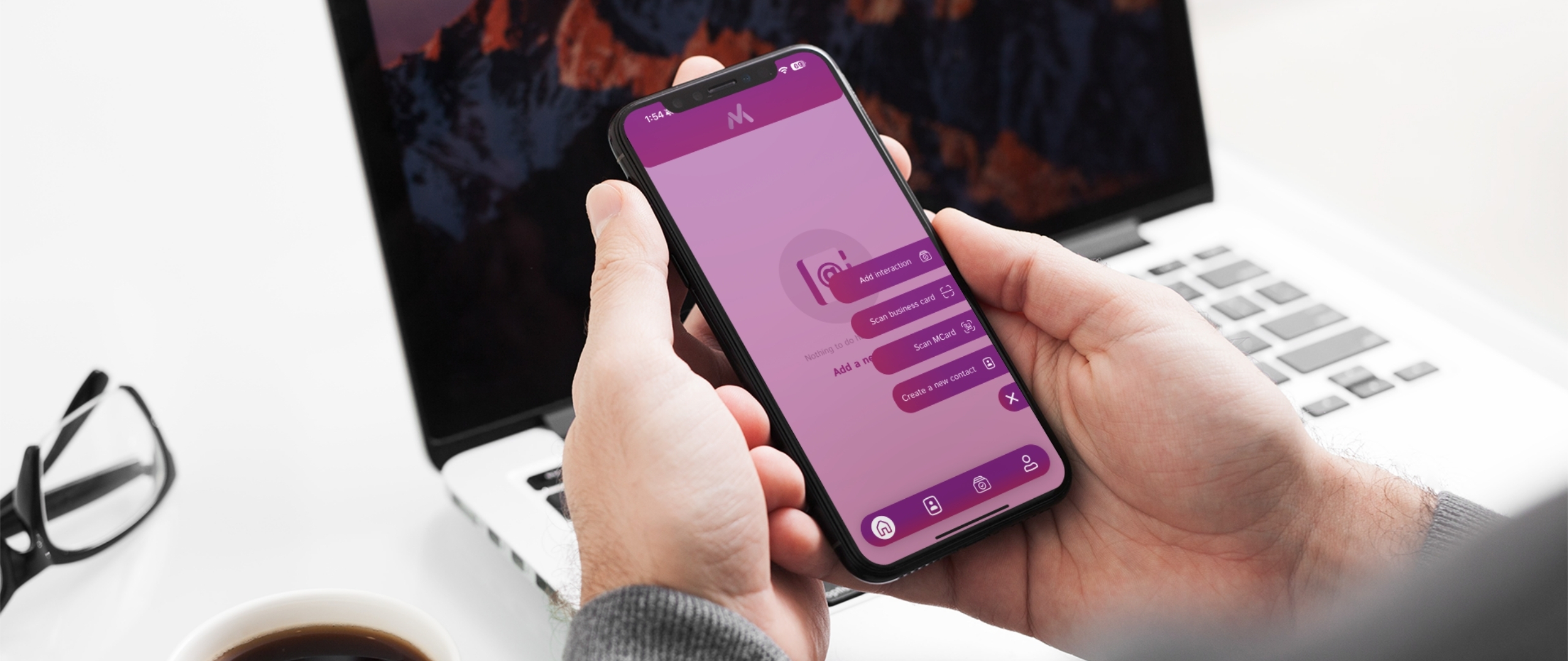 Mia PRM Main App Interface with purple branding and action buttons